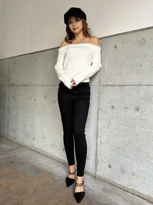 端シャギータイトオフショルニットトップス